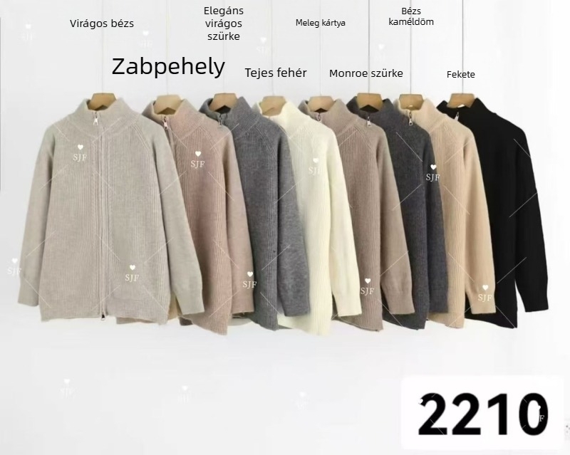 Női kötött kardigán dupla cipzárral és magas gallérral, koreai stílusú, vékony, lazább stílusú