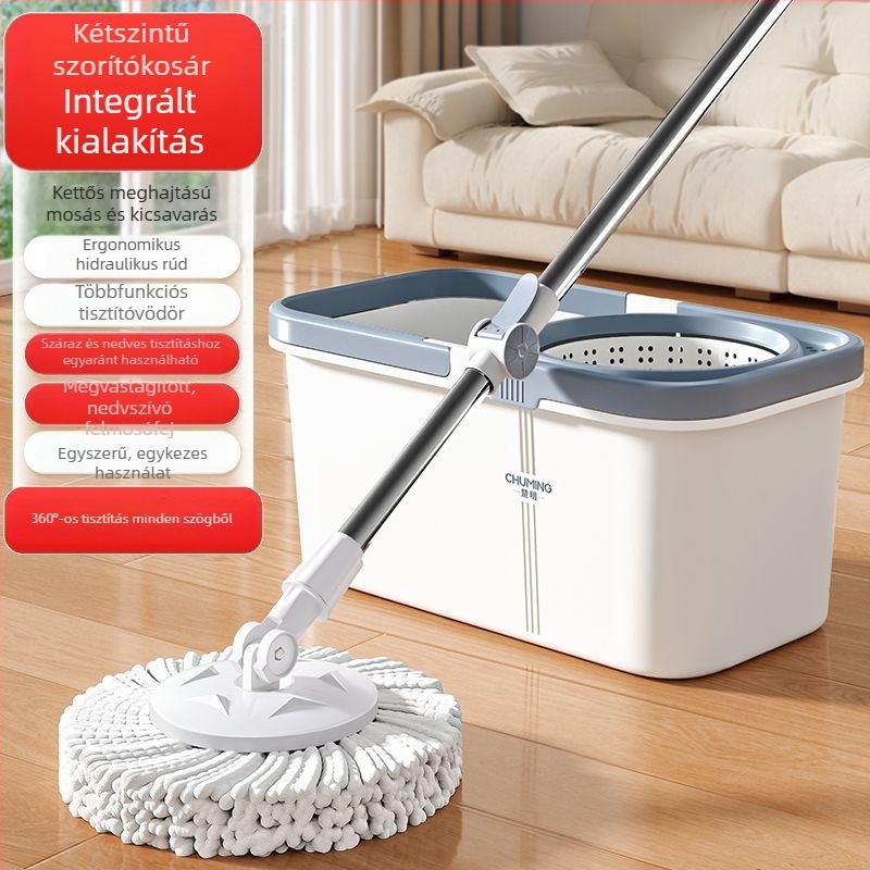 Forgó mop, extra vastag fejjel, otthoni használatra, kéz nélküli kinyomás, nagy és vastag fej, nedvszívó száraz és nedves tisztításhoz, kinyomó vödör