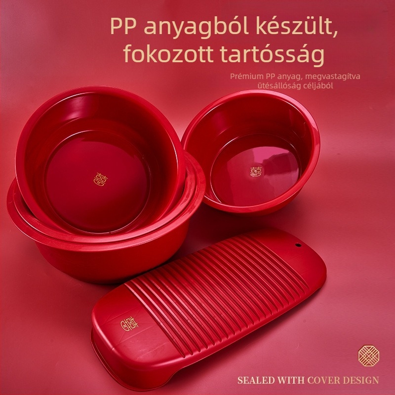 Esküvői díszszett: piros Kettős Boldogság jel, mosómedence zöldségekhez és dörzsölő deszka – háztartási használatra