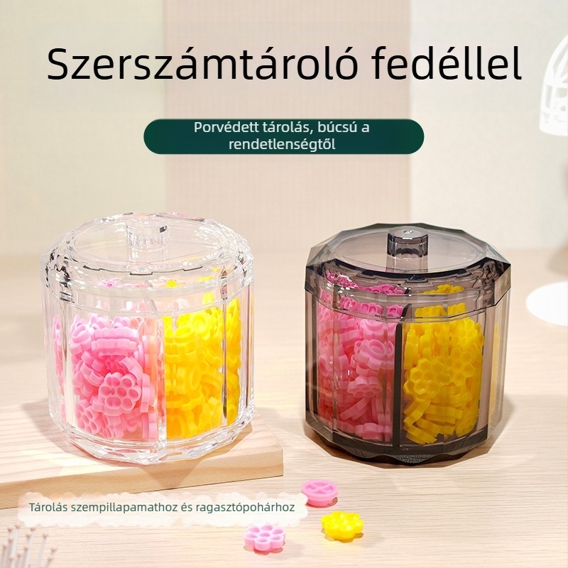 Akril asztali tároló doboz három rekesszel és fedéllel, pamutpálcikákhoz és szempilla ragasztó kiegészítőkhöz