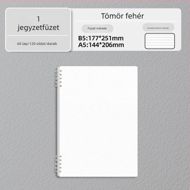 B5-ös spirálfüzet, minimalisták vastag kialakítású, A5-ös méret, diákok számára, vonalas oldal
