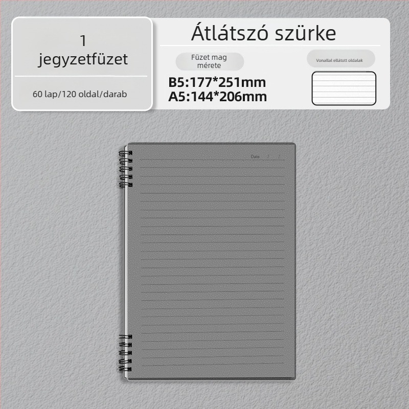 B5-ös spirálfüzet, minimalisták vastag kialakítású, A5-ös méret, diákok számára, vonalas oldal