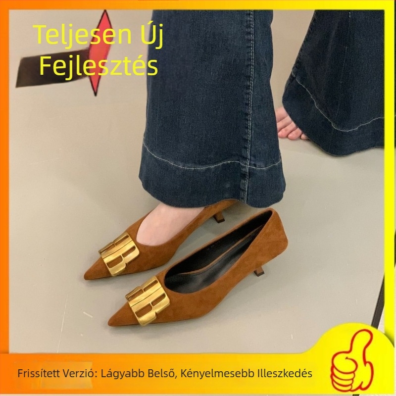 Női velúr cipő hegyes orrú, francia stílus, fekete, retro elegáns megjelenés, 2025 ősz-tél.