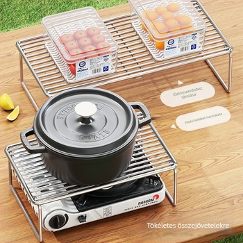 Kültéri grillsütő rács rozsdamentes acélból, kempinges edény- és konyhai kellékek tárolópolca