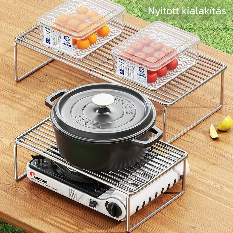 Kültéri grillsütő rács rozsdamentes acélból, kempinges edény- és konyhai kellékek tárolópolca