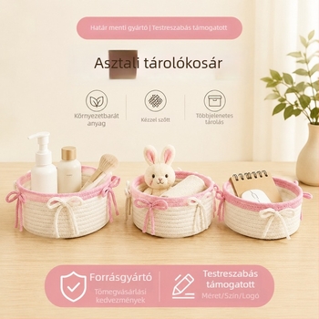 Pamutfonalból szőtt kozmetikai tárolókosár, aranyos masnival az asztalra