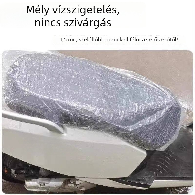 Egyszer használatos műanyag ülésvédő elektromos kerékpárok és motorkerékpárok számára; vízálló és esőálló; minden évszakhoz univerzális porvédő.