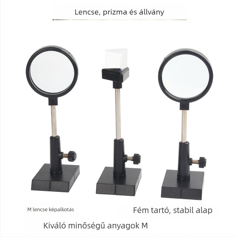 Optikai oktatókészlet lencsékkel, prizmákkal, tartóval, sík-konkáv tükörrel, konkáv-konvex lencsével és háromszög-prizmával