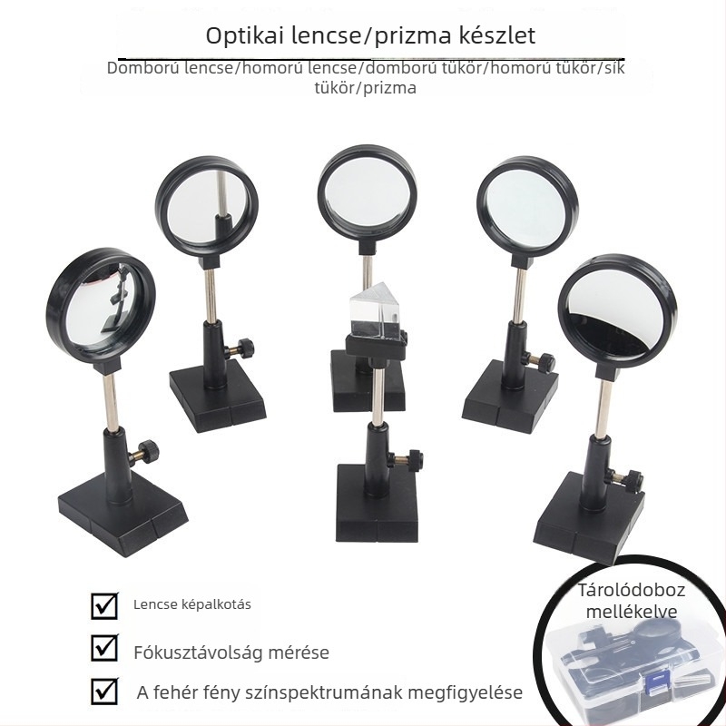 Optikai oktatókészlet lencsékkel, prizmákkal, tartóval, sík-konkáv tükörrel, konkáv-konvex lencsével és háromszög-prizmával
