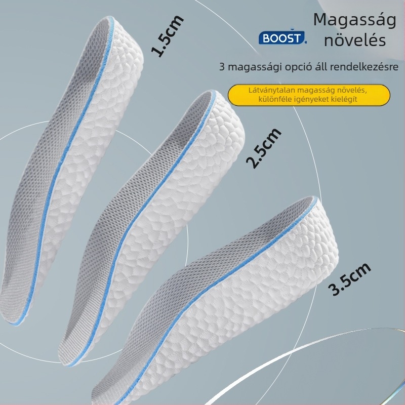 Láthatatlan magasságnövelő talpbetét, uniszex, hátsó sarok félpárnával és boltozat-támasszal, csúszásmentes, 1,5/2,5/3,5 cm