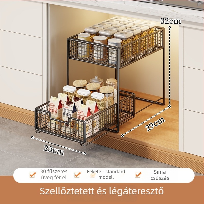Konyhai kihúzható tároló állvány – két szintes, mosogató alatti, ultramély fiókok