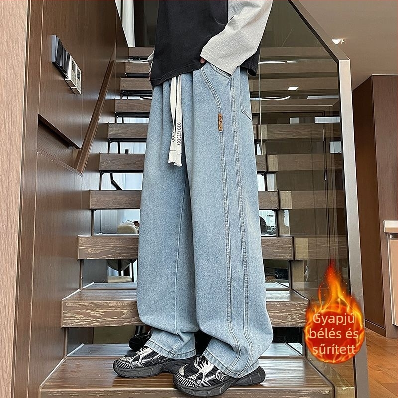 Férfi farmernadrág téli fleece-béléssel, elasztikus deréktáj, lazán szabott egyenes szárú, meleg hétköznapi denim nadrág
