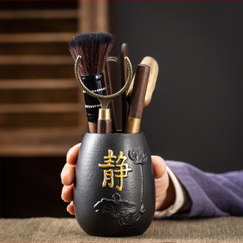 Fekete kerámia Zen teaceremónia készlet — hat úr számára teakellékek: teáscső, klip, tű és egyéb infúziós eszközök