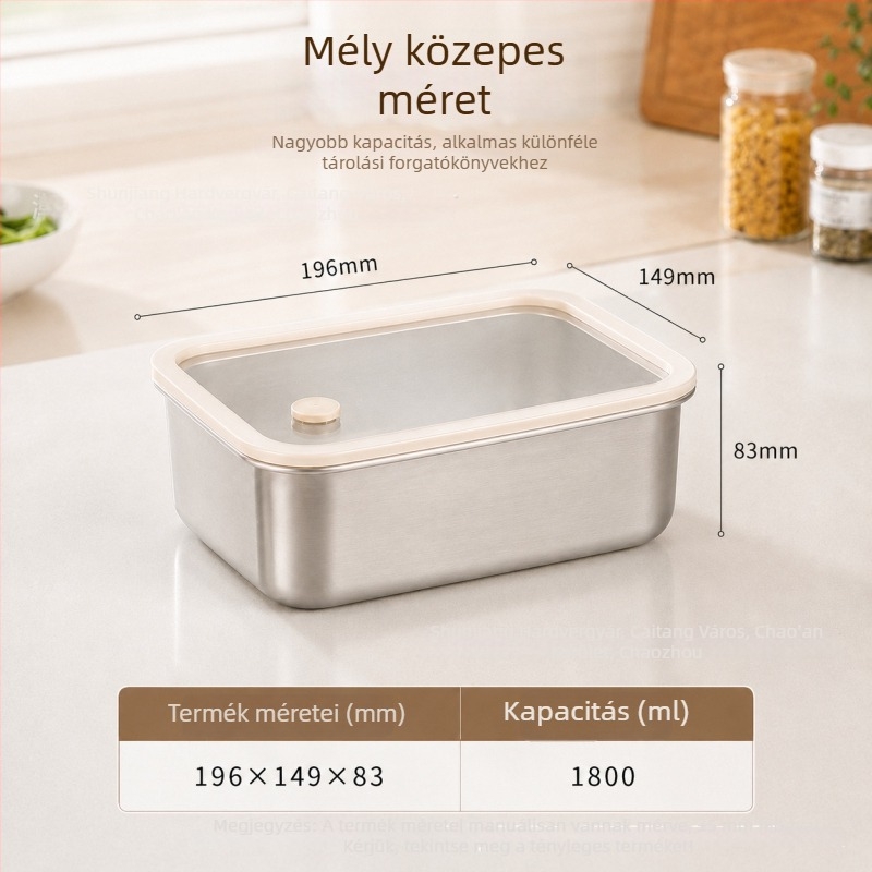 304 rozsdamentes acél frissesség-tároló doboz, hűtőszekrényhez való tároló, élelmiszerzáró doboz szilikon-üvegfedéllel, ebédes doboz