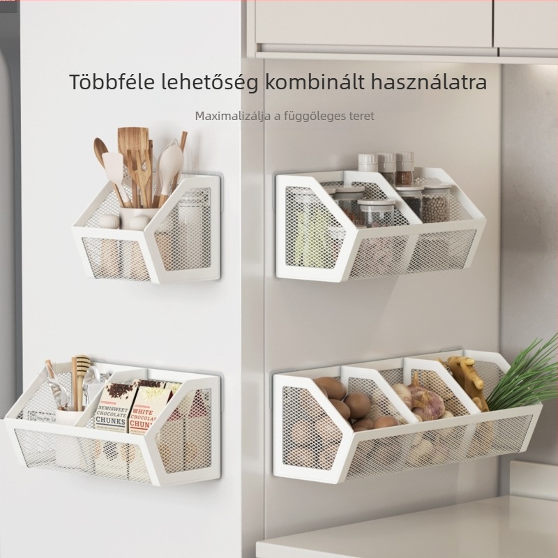 Falra szerelhető tárolókosár hagyma, gyömbér és fokhagyma számára – fúrás nélküli, fém tárolókosár