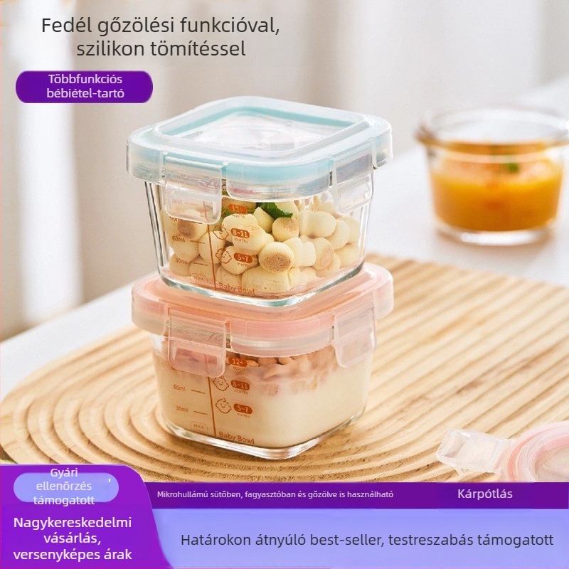 Üveges babatáplálék tároló doboz zárható fedéllel, 300 ml kapacitás, gyümölcs- és nasi tartó, élelmiszer-osztó, ebédes doboz