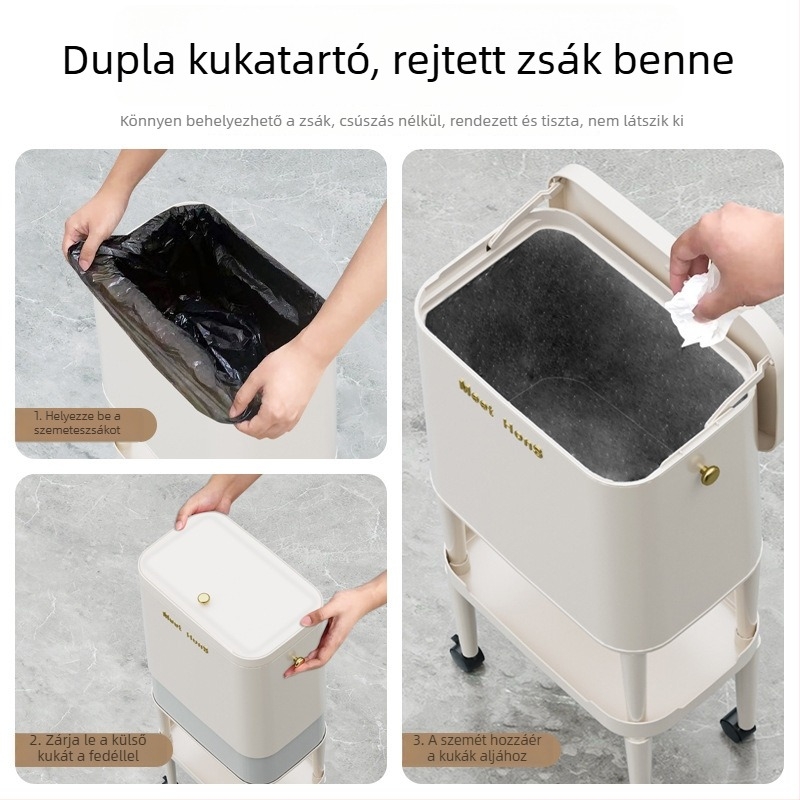 Konyhai szemetes görnyedés nélkül, gázrugós magastetővel, görgőkkel a könnyű mozgatáshoz; nappalira és hálószobára alkalmas