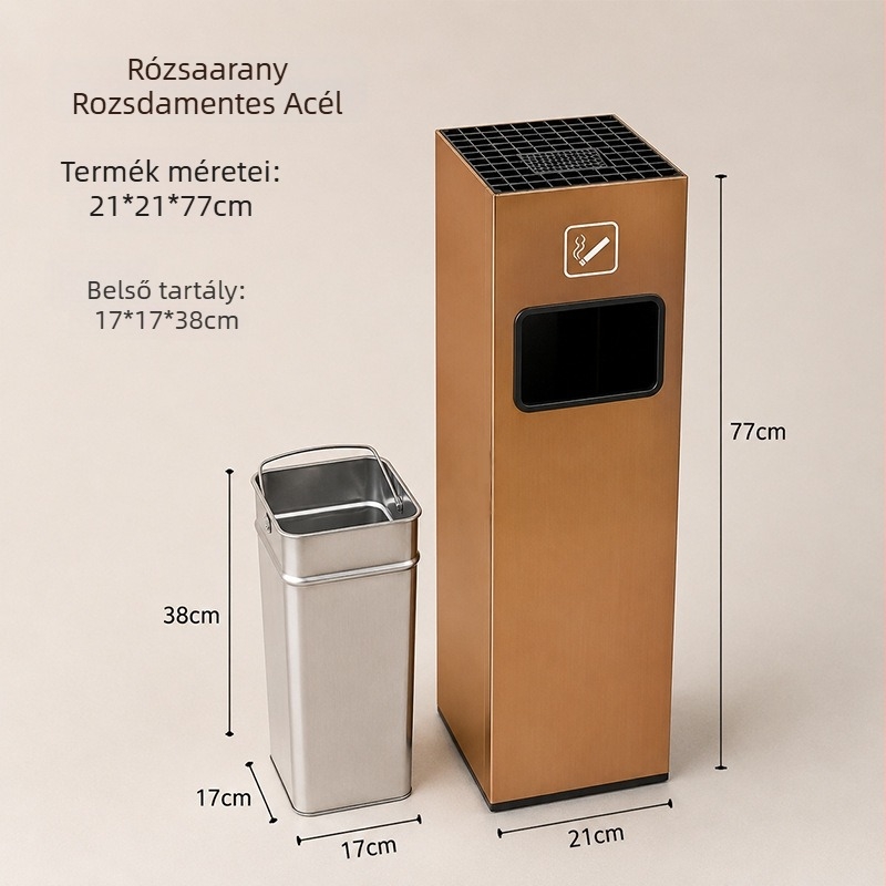 Rozsdamentes acélból készült hamutartó oszlop egy hotel számára, a folyosóban a lift bejáratánál, hamutartóval és szeméttartóval