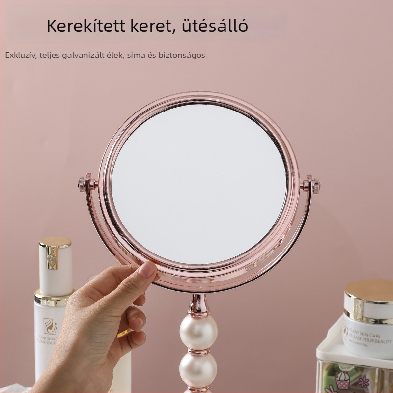 Európai stílusú kétoldalas sminktükör gyöngyház oszlopos asztali állvánnyal, 2x nagyítás, HD