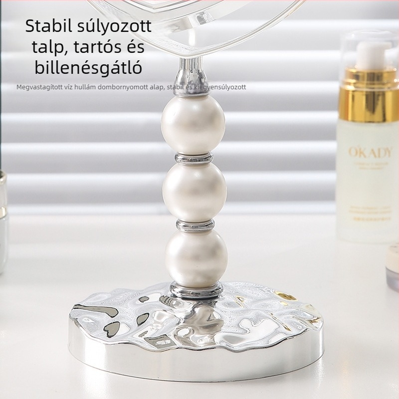 Európai stílusú kétoldalas sminktükör gyöngyház oszlopos asztali állvánnyal, 2x nagyítás, HD