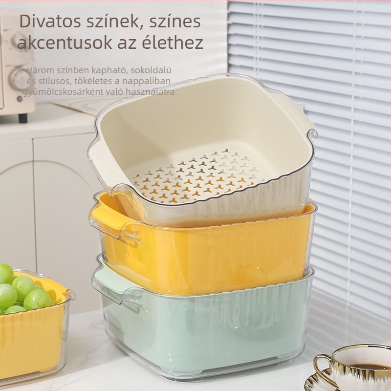 Nagy konyhai leeresztőkosár, dupla rétegű műanyag zöldségmosó kosár