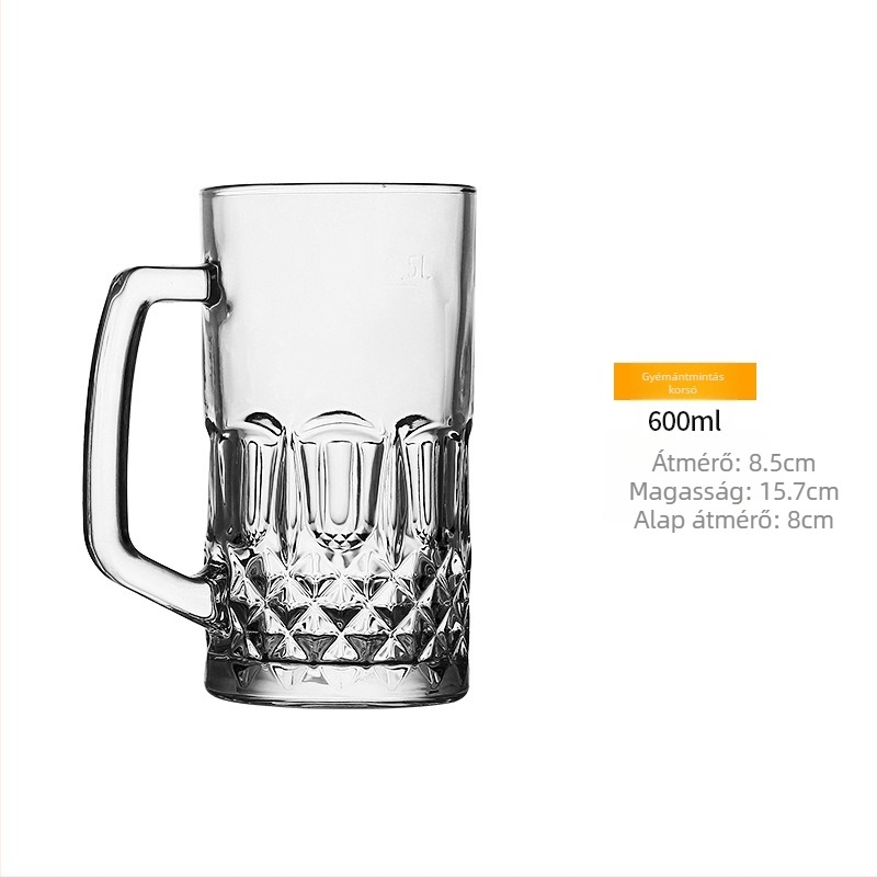Sűrített, extrém nagy kapacitású söröspohár fogantyúval, üveg, 1000–1300 ml