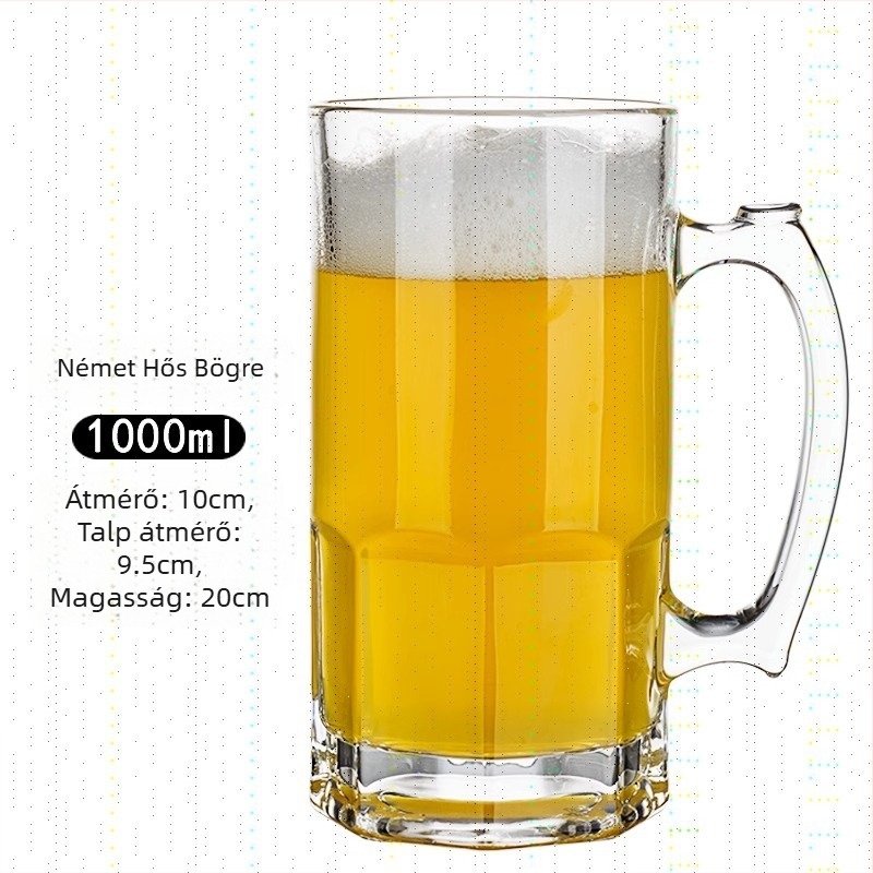 Sűrített, extrém nagy kapacitású söröspohár fogantyúval, üveg, 1000–1300 ml