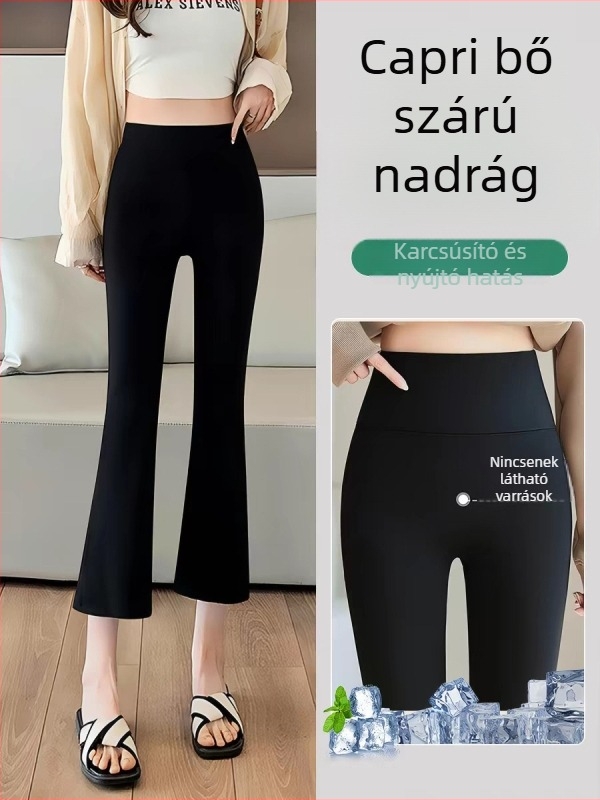 Rövid testű nőknek készült ice-silk microflare jóga nadrág, könnyű drapált fazon, capri 7/8 hossz, Shark-stílusú sportnadrág