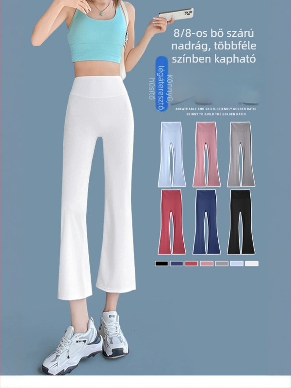Rövid testű nőknek készült ice-silk microflare jóga nadrág, könnyű drapált fazon, capri 7/8 hossz, Shark-stílusú sportnadrág