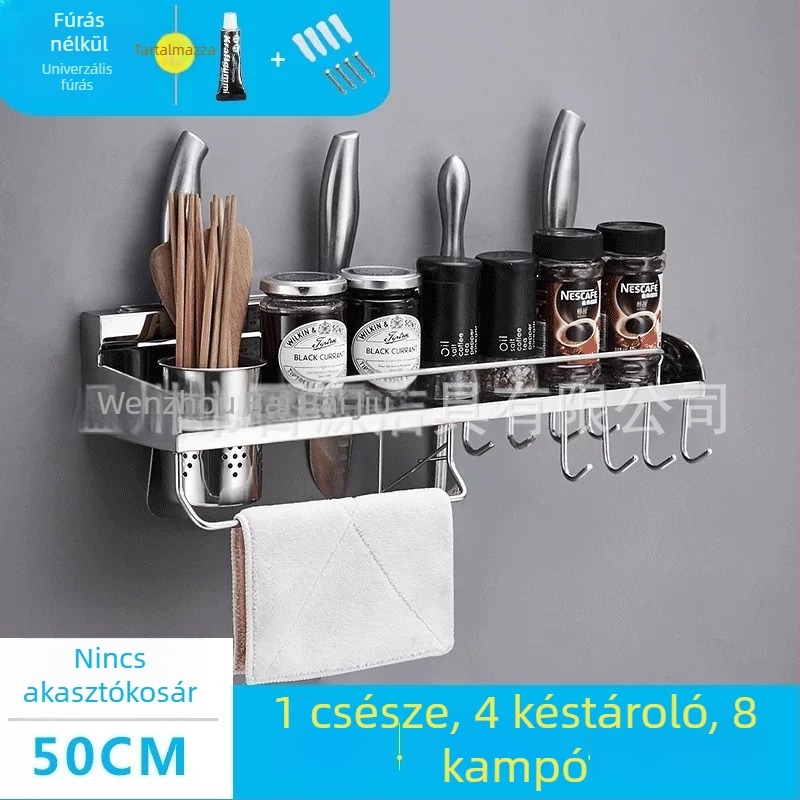 304 rozsdamentes acél késtartó és falra szerelt konyhai tároló, fúrás nélkül, többfunkciós tárolás