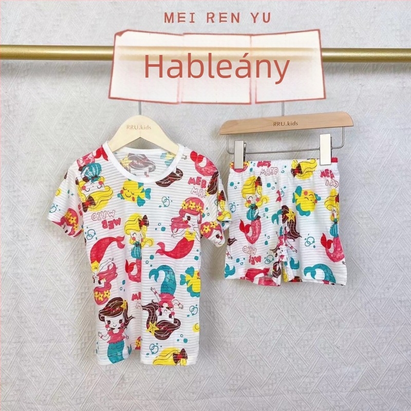 Gyerekeknek szóló koreai stílusú kis hercegnő pamut otthoni viselet, nyár, 3/4 ujjú top, uniszex