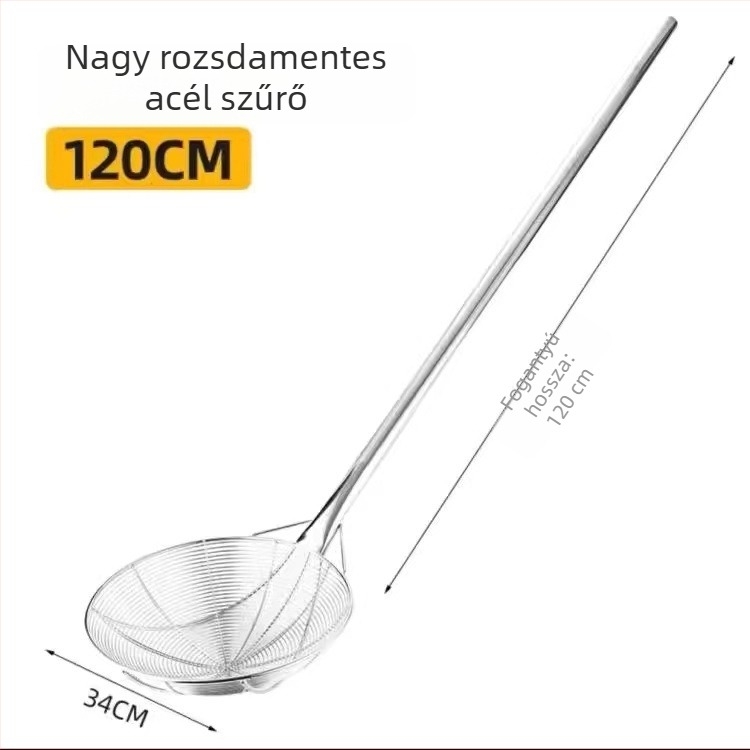 Nagy rozsdamentes acélból készült szűrőkanál hosszú fogantyúval, professzionális tészta szűrő, ipari stílus
