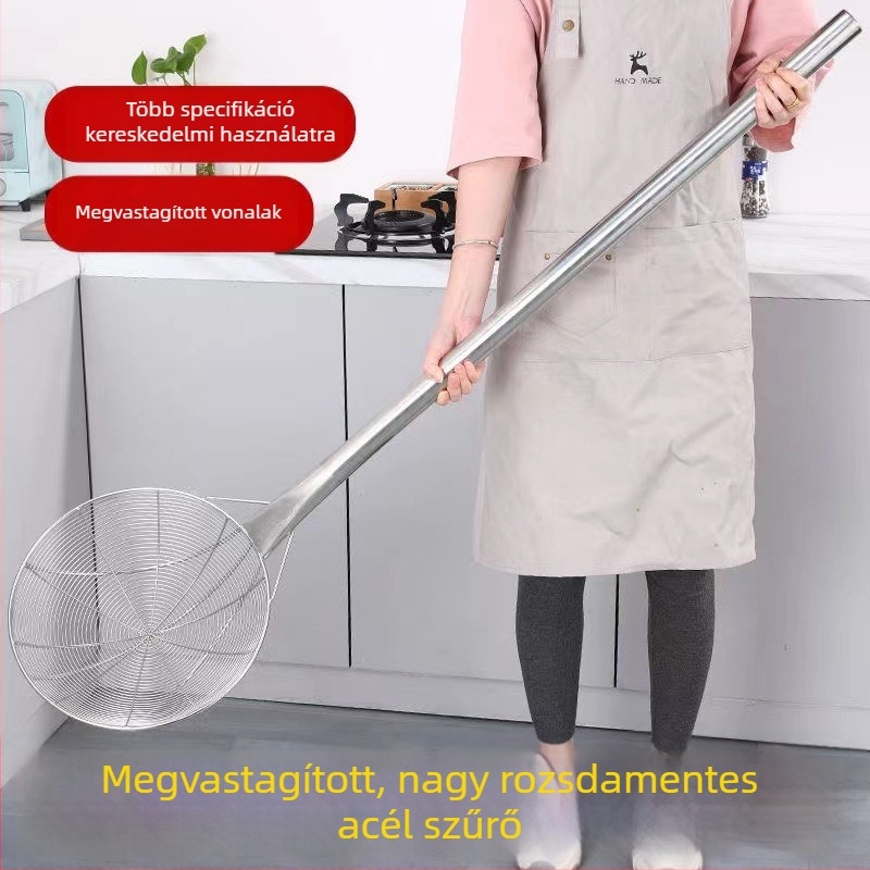 Nagy rozsdamentes acélból készült szűrőkanál hosszú fogantyúval, professzionális tészta szűrő, ipari stílus