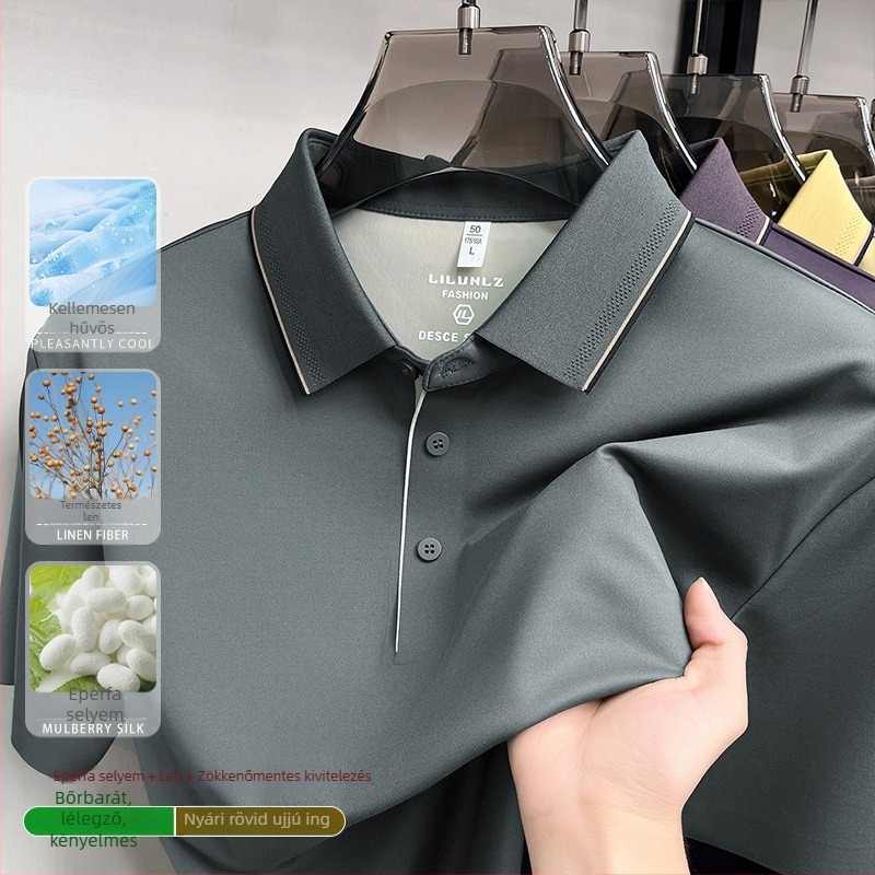 80‑as szálú len-selyem keverék férfi rövid ujjú polo ing, gyűrődésmentes Ice Silk, varrat nélküli