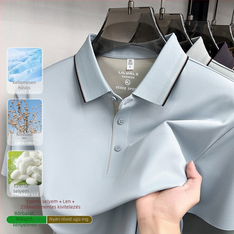 80‑as szálú len-selyem keverék férfi rövid ujjú polo ing, gyűrődésmentes Ice Silk, varrat nélküli