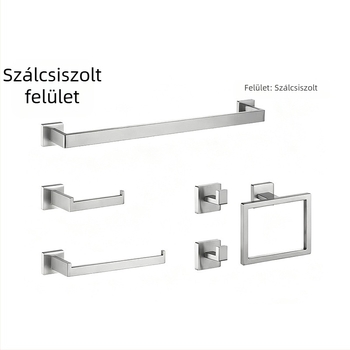 Rozsdamentes acélból készült fürdőszobai hatszemélyes készlet: törölközőtartó, törölközőtartó fürdőhöz, WC-papírtartó, higiéniai betét tartó, arctörlő-tároló