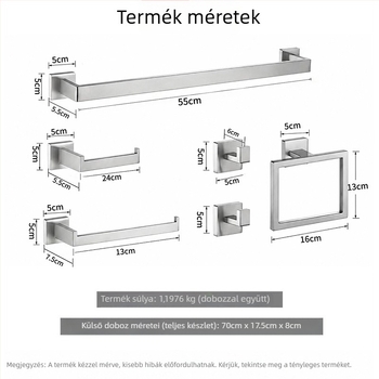 Rozsdamentes acélból készült fürdőszobai hatszemélyes készlet: törölközőtartó, törölközőtartó fürdőhöz, WC-papírtartó, higiéniai betét tartó, arctörlő-tároló