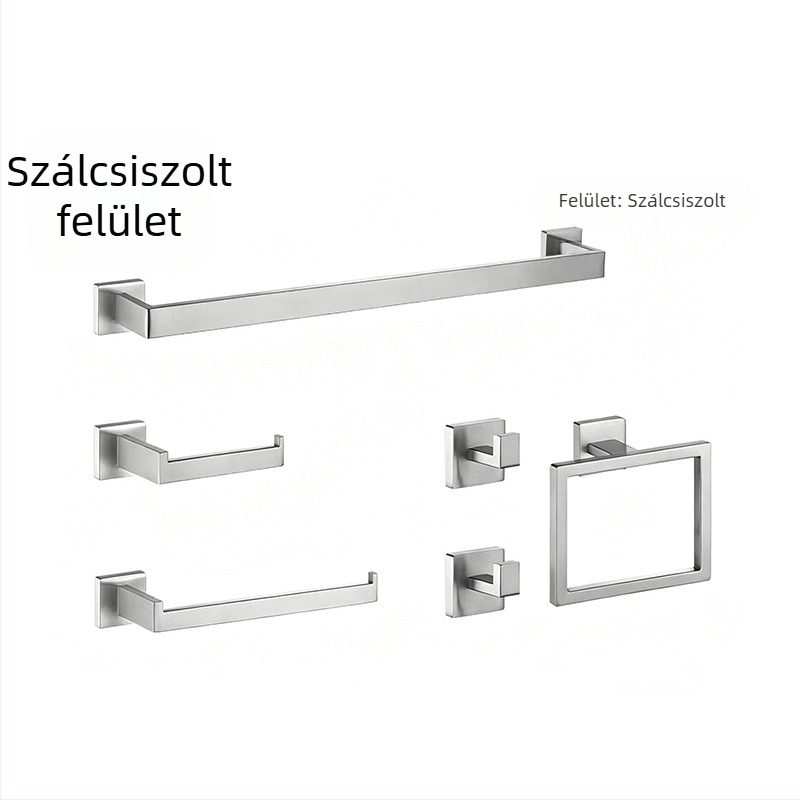 Rozsdamentes acélból készült fürdőszobai hatszemélyes készlet: törölközőtartó, törölközőtartó fürdőhöz, WC-papírtartó, higiéniai betét tartó, arctörlő-tároló