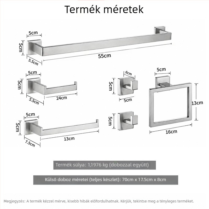 Rozsdamentes acélból készült fürdőszobai hatszemélyes készlet: törölközőtartó, törölközőtartó fürdőhöz, WC-papírtartó, higiéniai betét tartó, arctörlő-tároló
