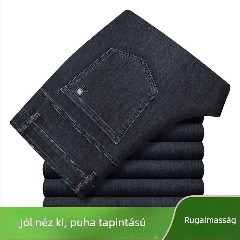 Férfi nyári vékony ice-silk farmernadrág, nagy méret, magas derekú, rugalmas, egyenes szabású, lezser nadrág