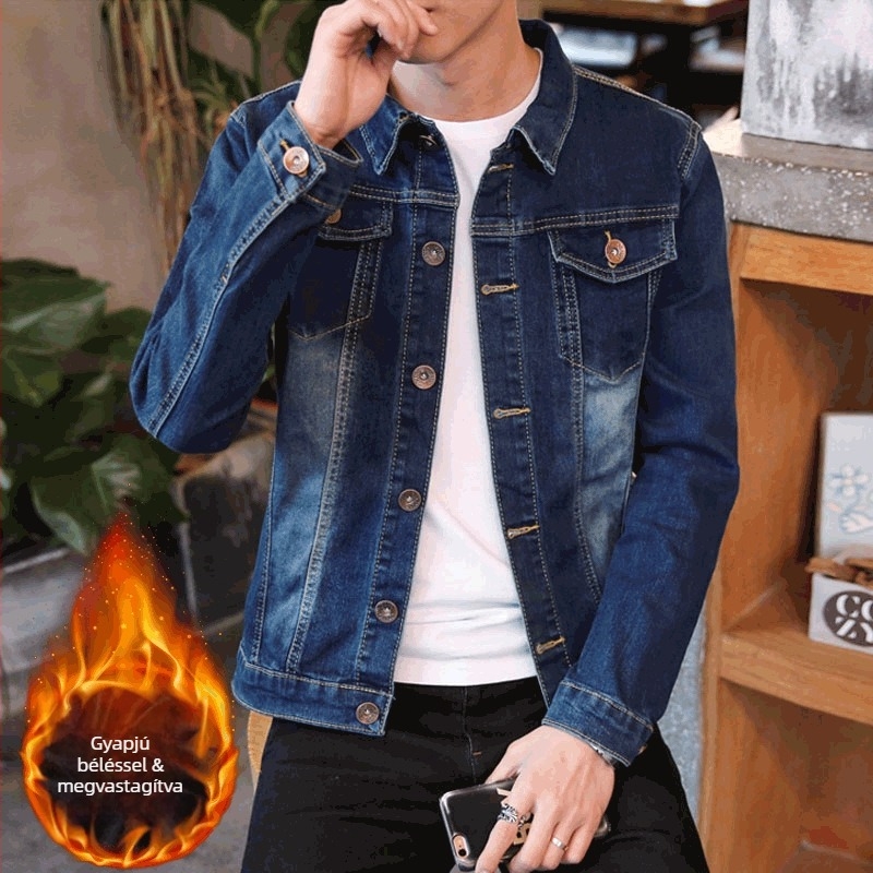 Őszi 2024 férfi koreai stílusú denimdzseki, slim fit, fleece bélés, tinédzsereknek