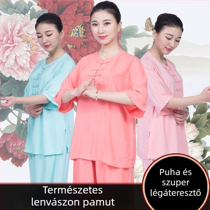Női nyári Taijiquan rövid ujjú öltözet középkorúak és idősek számára, edzőruha len-pamut keverék