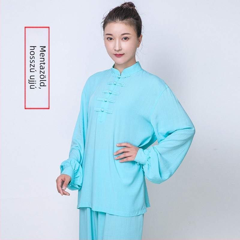 Női nyári Taijiquan rövid ujjú öltözet középkorúak és idősek számára, edzőruha len-pamut keverék