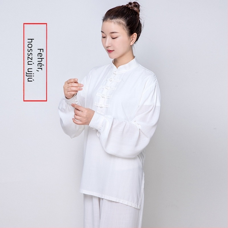 Női nyári Taijiquan rövid ujjú öltözet középkorúak és idősek számára, edzőruha len-pamut keverék