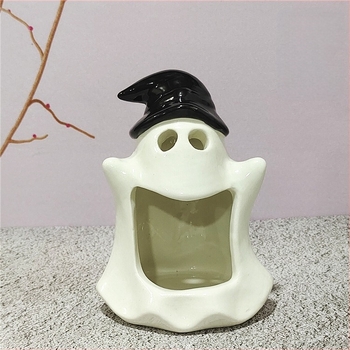 Halloween-szellem gyertyatartó fehér porcelánból, kézzel készült, kis tartó aromaterápiás gyertyákhoz
