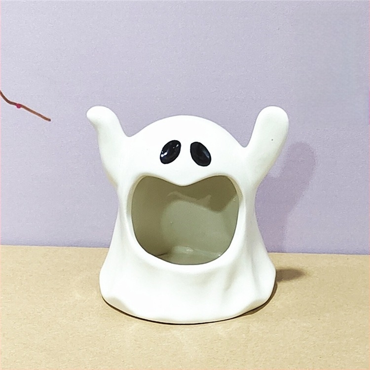 Halloween-szellem gyertyatartó fehér porcelánból, kézzel készült, kis tartó aromaterápiás gyertyákhoz