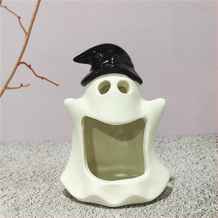 Halloween-szellem gyertyatartó fehér porcelánból, kézzel készült, kis tartó aromaterápiás gyertyákhoz