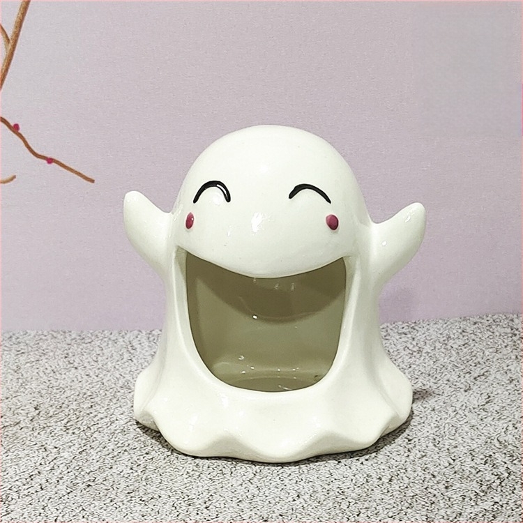 Halloween-szellem gyertyatartó fehér porcelánból, kézzel készült, kis tartó aromaterápiás gyertyákhoz