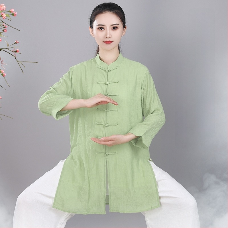Uniszex Tai Chi ruha géz- és len anyagból, légáteresztő, kínai stílusú nyári edzőruha