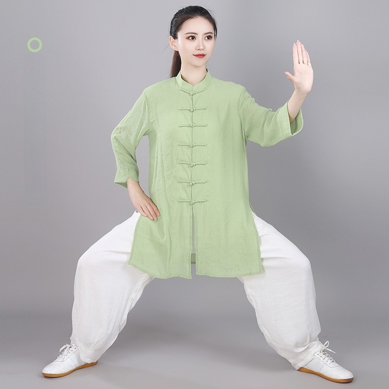 Uniszex Tai Chi ruha géz- és len anyagból, légáteresztő, kínai stílusú nyári edzőruha